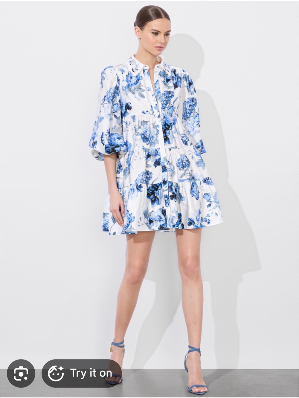 Alice + Olivia White Mini Dress with Blue Floral Print